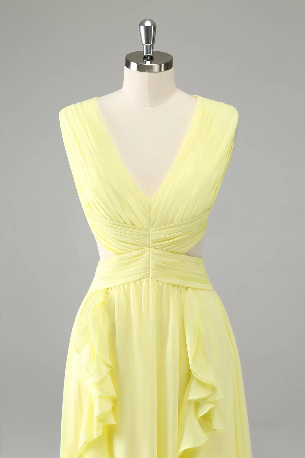 Lemon Yellow A Line Cut Out Long Bridesmaid Dress with Ruffles sold by Zapaka product image thumbnail 4
