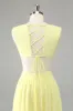 Lemon Yellow A Line Cut Out Long Bridesmaid Dress with Ruffles sold by Zapaka