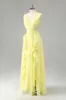 Lemon Yellow A Line Cut Out Long Bridesmaid Dress with Ruffles sold by Zapaka