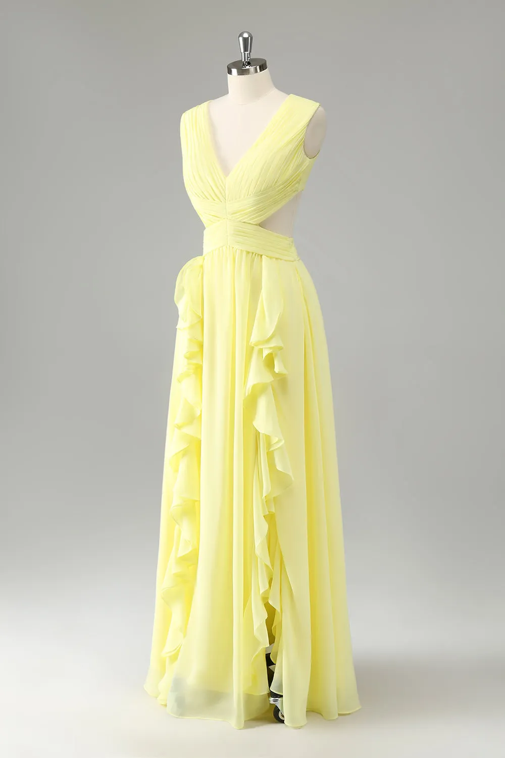 Lemon Yellow A Line Cut Out Long Bridesmaid Dress with Ruffles sold by Zapaka product image thumbnail 3