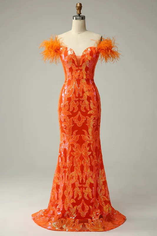 Orange Sequins Off the Shoulder Mermaid Prom Dress with Feathers made by Zapaka