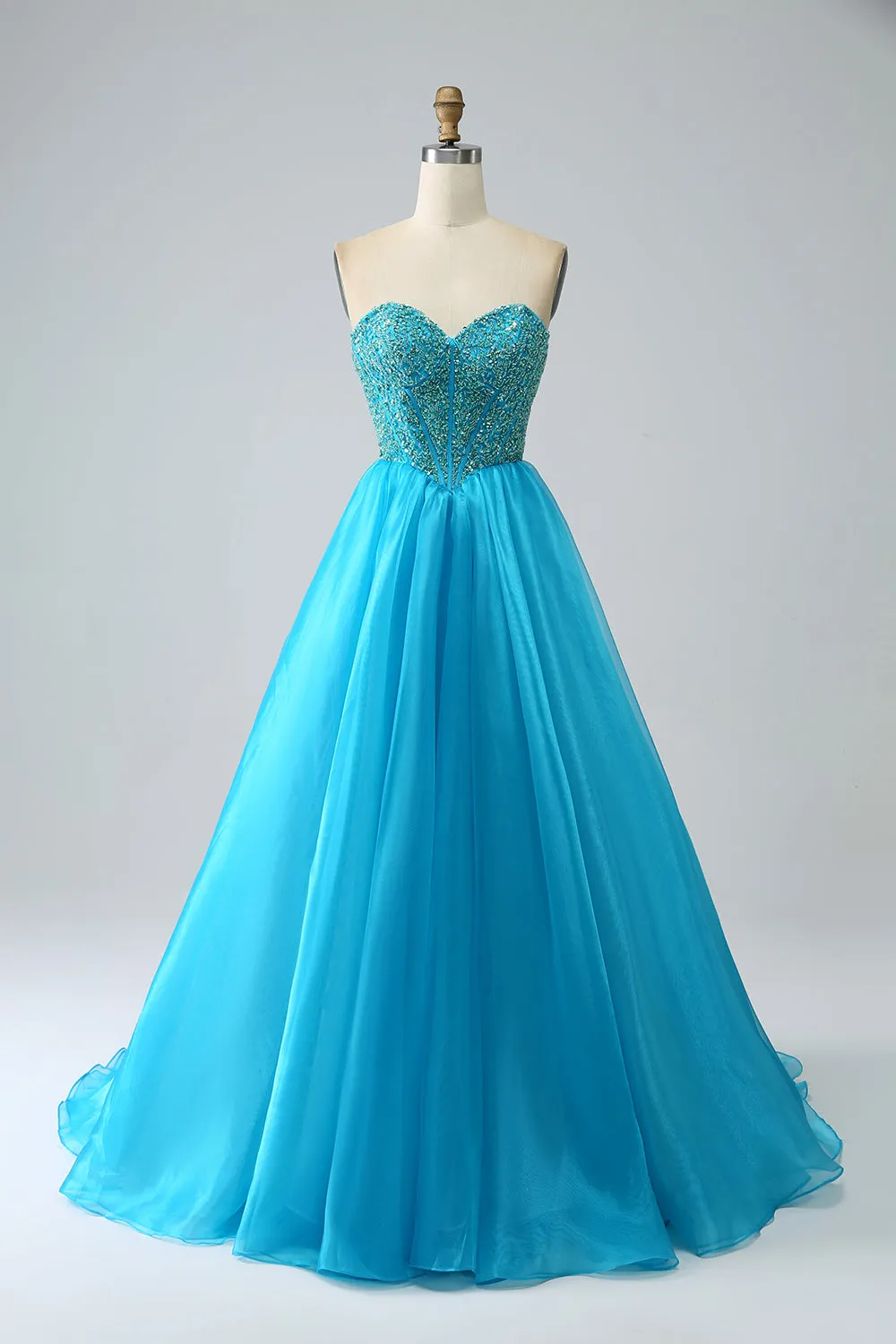 Blue Beaded Corset Prom Dress with Detachable Sleeves sold by Zapaka product image thumbnail 3