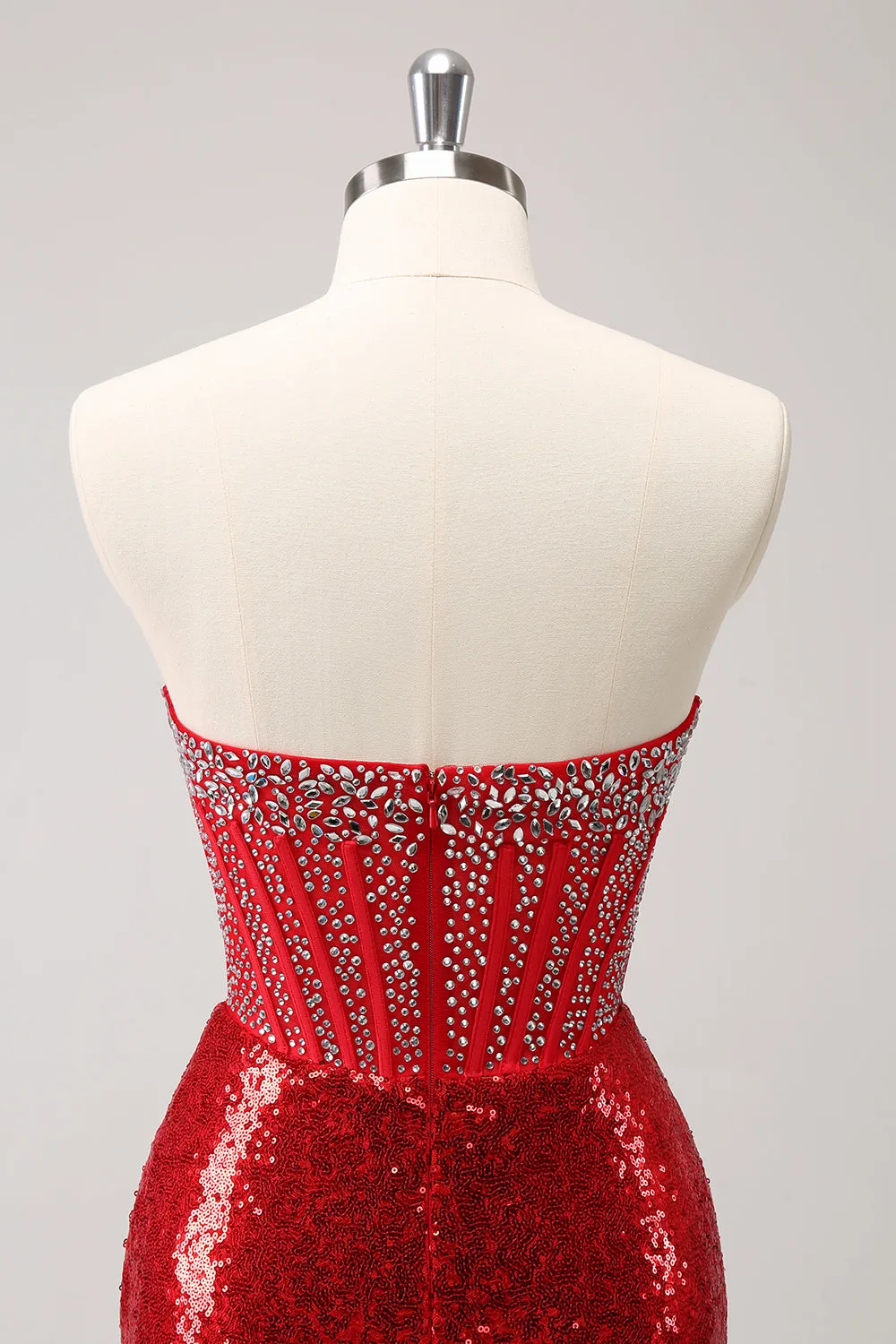 Sparkly Red Strapless Corset Sequined Beaded Tight Homecoming Dress with Slit sold by Zapaka product image thumbnail 5