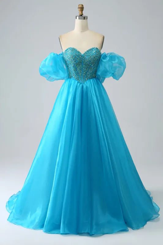 Blue Beaded Corset Prom Dress with Detachable Sleeves sold by Zapaka