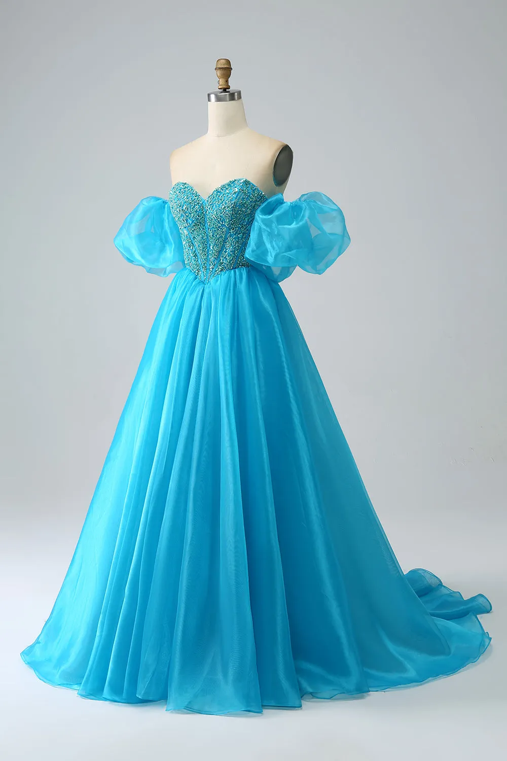 Blue Beaded Corset Prom Dress with Detachable Sleeves sold by Zapaka product image thumbnail 5