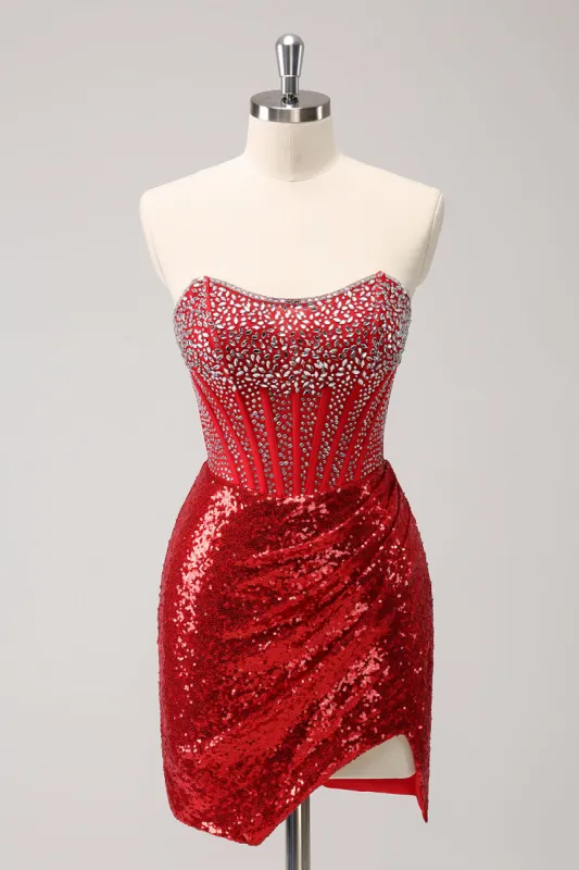 Sparkly Red Strapless Corset Sequined Beaded Tight Homecoming Dress with Slit sold by Zapaka