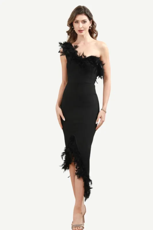 One Shoulder Black Midi Party Dress with Feathers sold by Zapaka