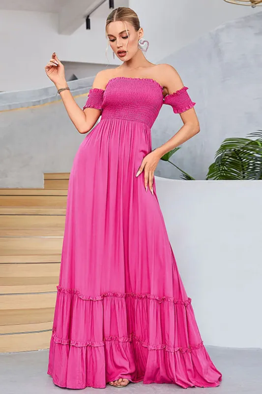 Fuchsia A-Line Off The Shoulder Pleated Evening Dress With Ruffles sold by Zapaka