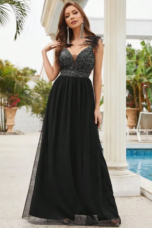 Sequins Spaghetti Straps Black Prom Dress with Slit sold by Zapaka