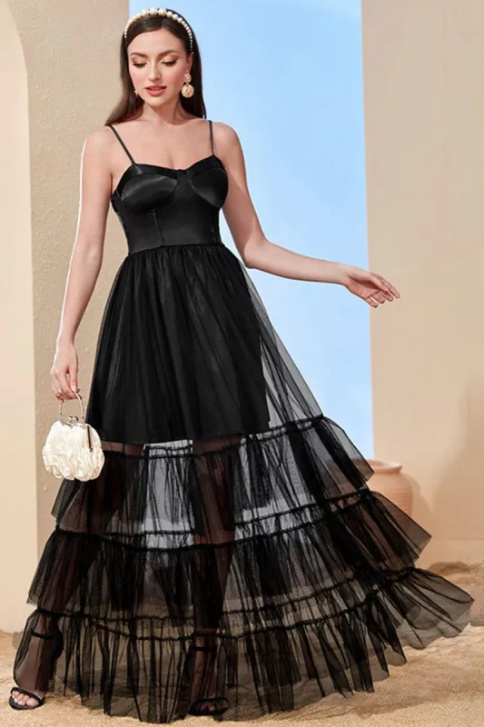 Black A-Line Spaghetti Straps Corset Long Evening Dress sold by Zapaka