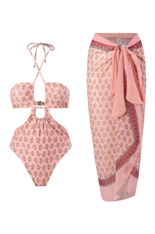 Halter Neck One Piece Pink Swimwear with Beach Skirt sold by Zapaka