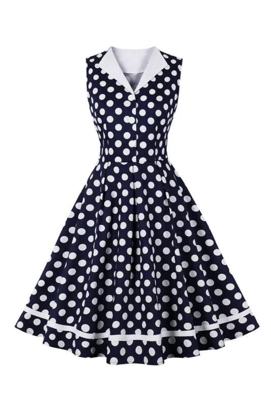 Polka Dots Navy Sleeveless Swing Retro Dress sold by Zapaka