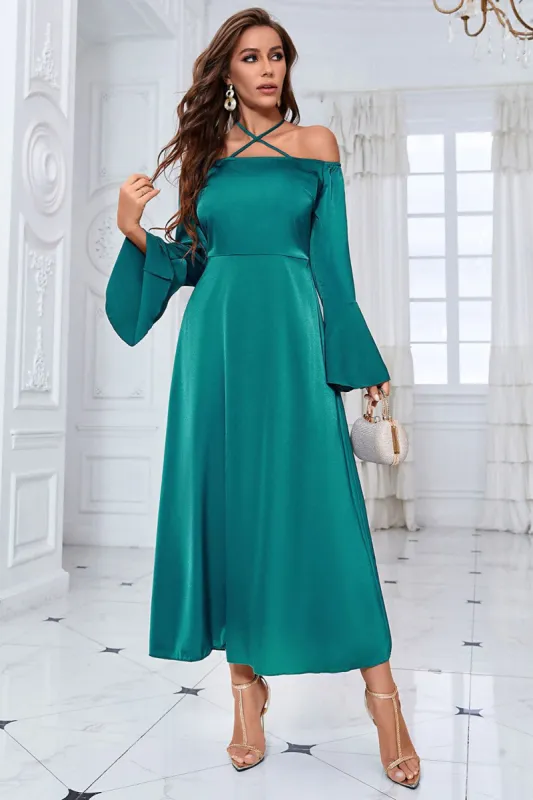Off the Shoulder Dark Green Sparkly A Line Party Dress sold by Zapaka