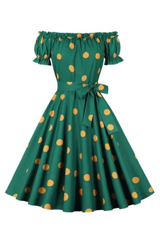 Off the Shoulder Polka Dots Green 1950s Dress With Bowknot sold by Zapaka