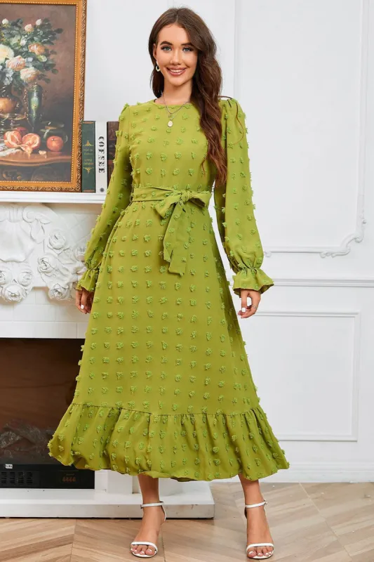 Green A Line Long Sleeves Casual Dress With Belt made by Zapaka