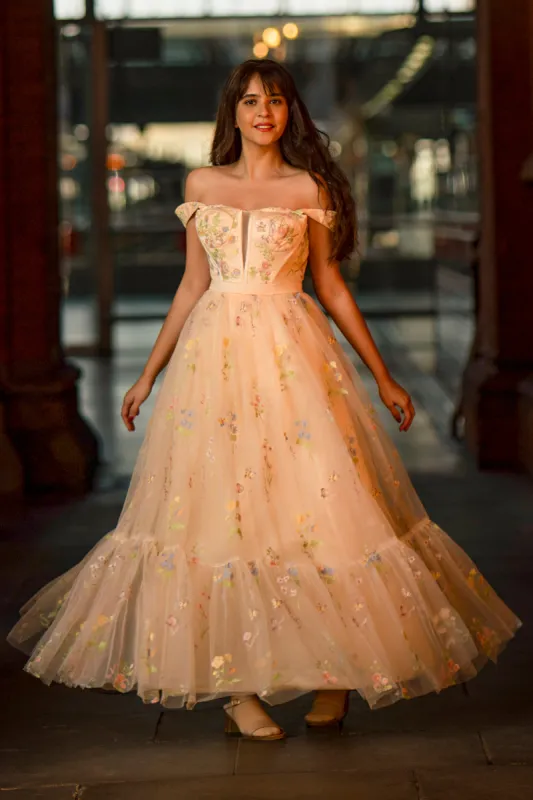 Princess A Line Champagne Long Prom Dress with Embroidery sold by Zapaka