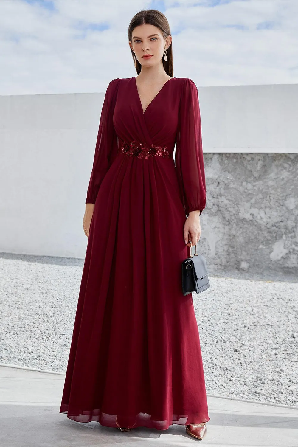 Burgundy Long Sleeves A Line Mother of the Bride Dress sold by Zapaka