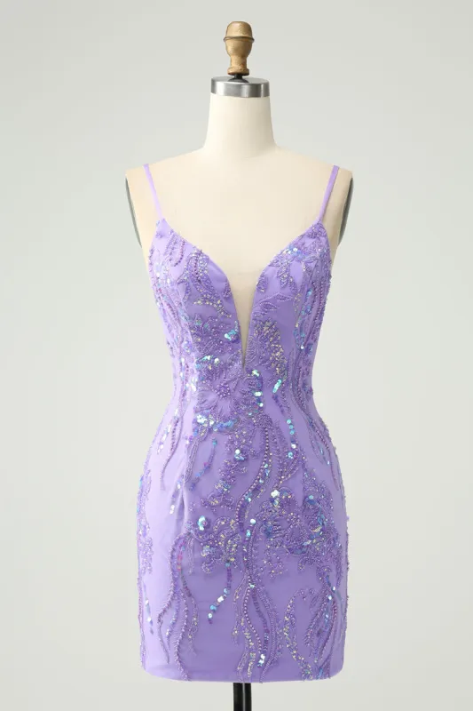 Sparkly Purple Spaghetti Straps Tight Short Homecoming Dress with Sequins sold by Zapaka