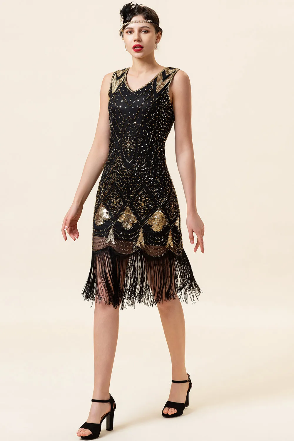 Black and Golden Sequins Fringes 1920s Gatsby Flapper Dress with 20s Accessories Set sold by Zapaka product image thumbnail 5