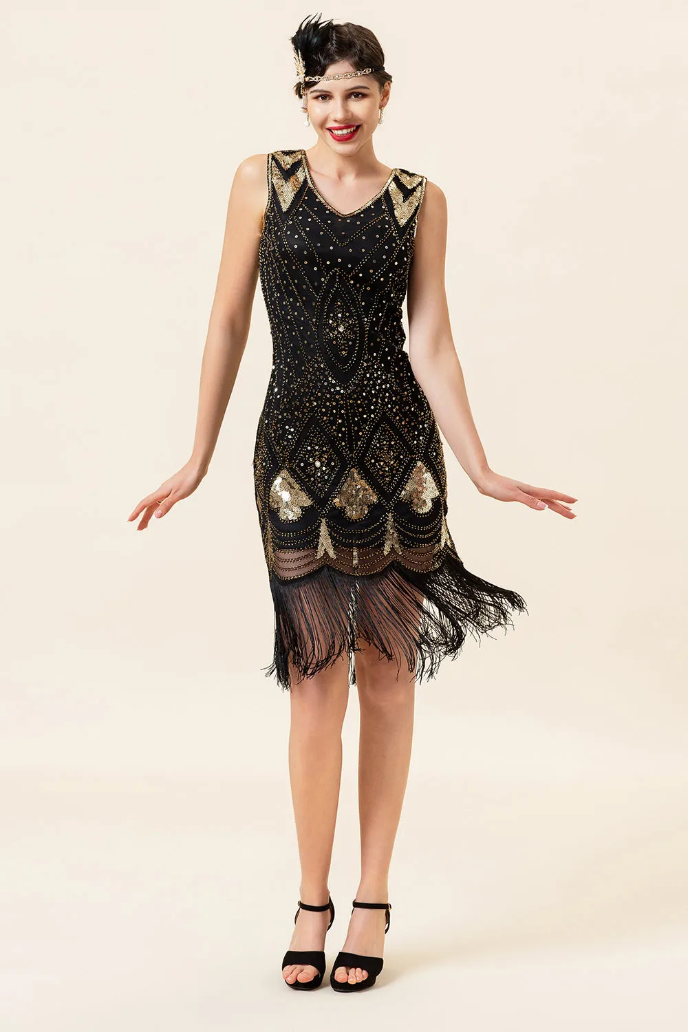 Black and Golden Sequins Fringes 1920s Gatsby Flapper Dress with 20s Accessories Set sold by Zapaka product image thumbnail 2