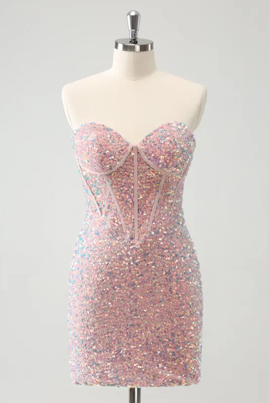 Sparkly Strapless Light Pink Tight Short Homecoming Dress with Sequins sold by Zapaka