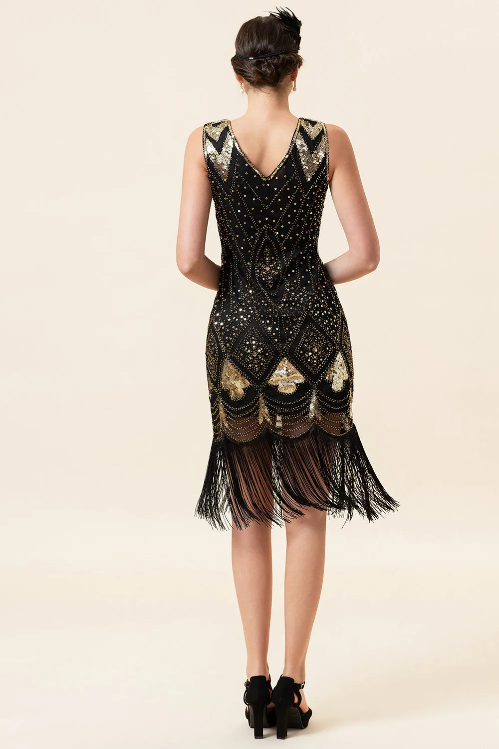 Black and Golden Sequins Fringes 1920s Gatsby Flapper Dress with 20s Accessories Set sold by Zapaka product image thumbnail 3