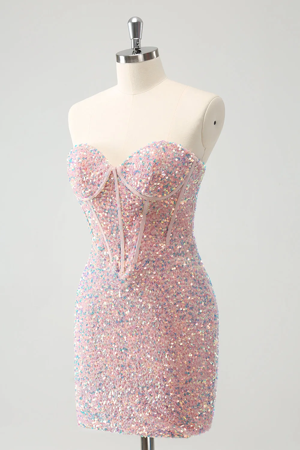 Sparkly Strapless Light Pink Tight Short Homecoming Dress with Sequins sold by Zapaka product image thumbnail 3