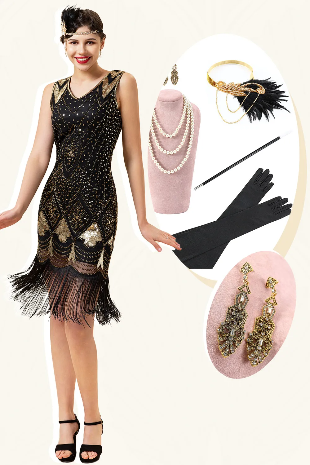 Black and Golden Sequins Fringes 1920s Gatsby Flapper Dress with 20s Accessories Set sold by Zapaka
