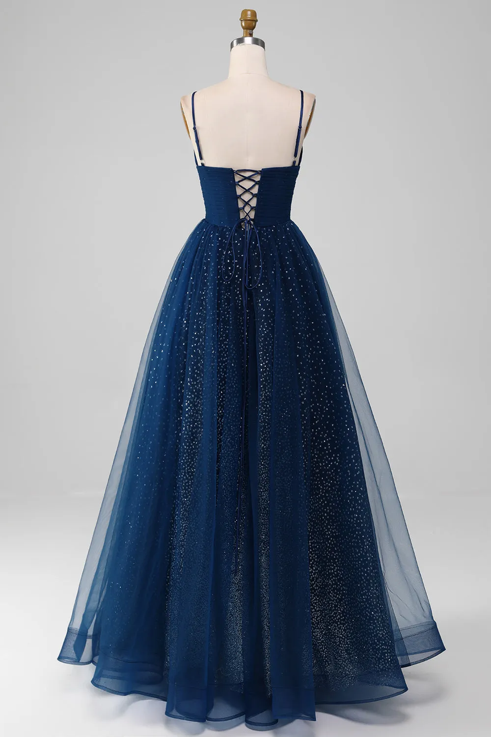 Navy Ball-Gown V-Neck Long Beaded Tulle Prom Dresses With Pleated sold by Zapaka product image thumbnail 2