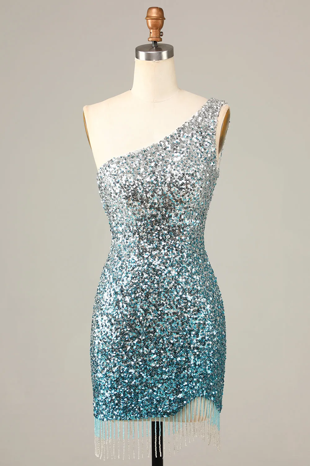 Sparkly Bodycon One Shoulder Blue Sequins Short Homecoming Dress with Tassel sold by Zapaka