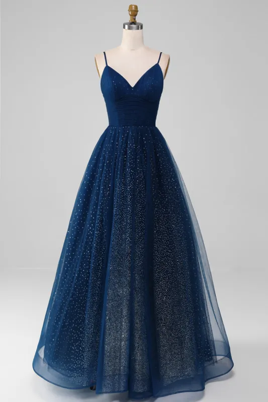 Navy Ball-Gown V-Neck Long Beaded Tulle Prom Dresses With Pleated sold by Zapaka