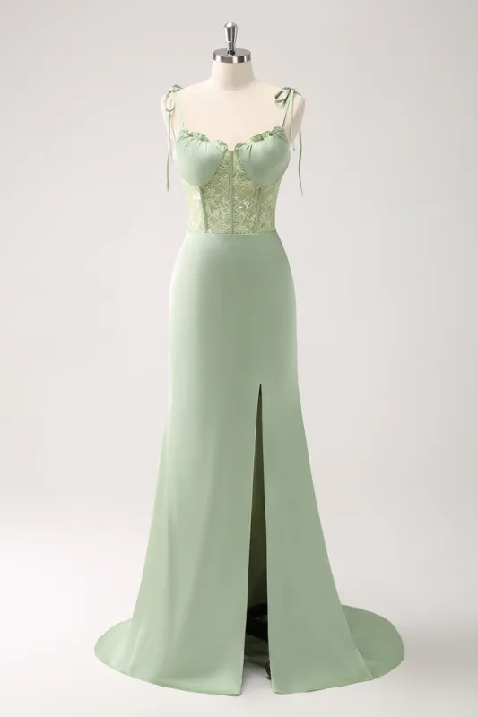 Green Mermaid Spaghetti Straps Satin Long Bridesmaid Dress with Slit sold by Zapaka