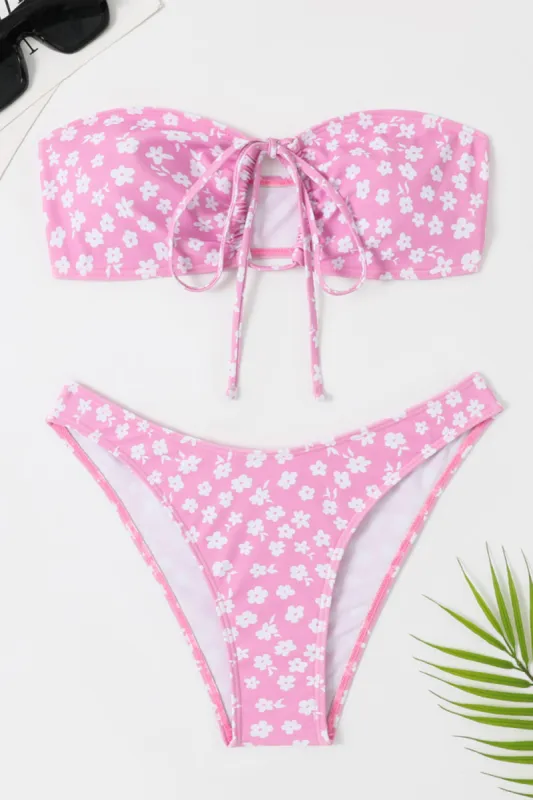 Two Piece Tube Top Pink Floral Swimsuit made by Zapaka