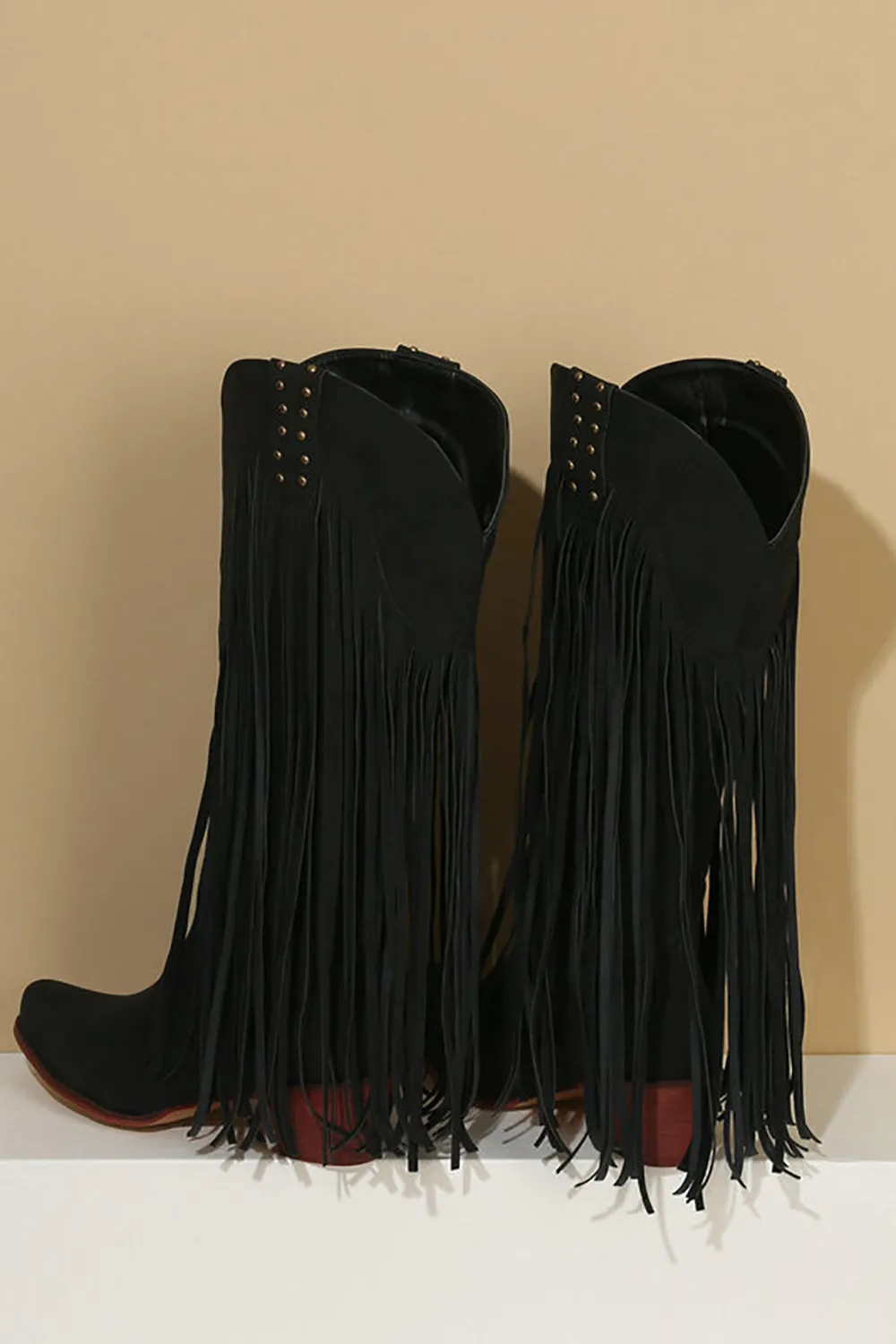 Fashion Black Solid Color Suede Tassel Pointed Toe High Heel Boots sold by Zapaka