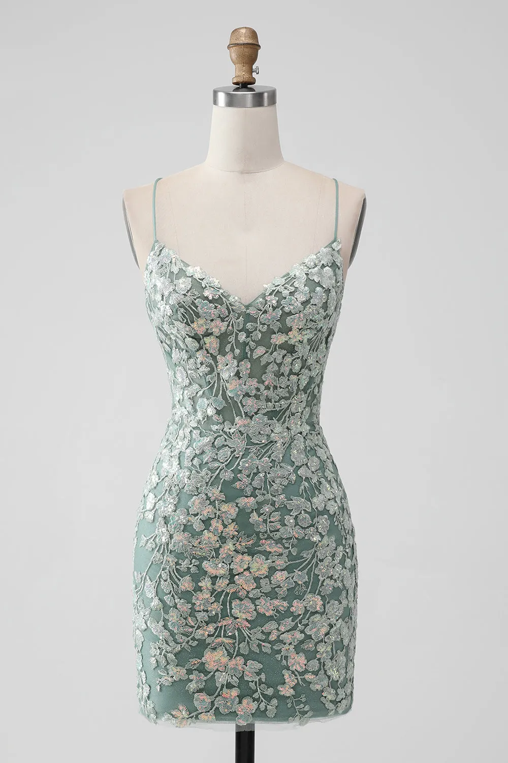 Grey Green Bodycon Lace-up Back Short Homecoming Dress with Sequin Appliqued sold by Zapaka