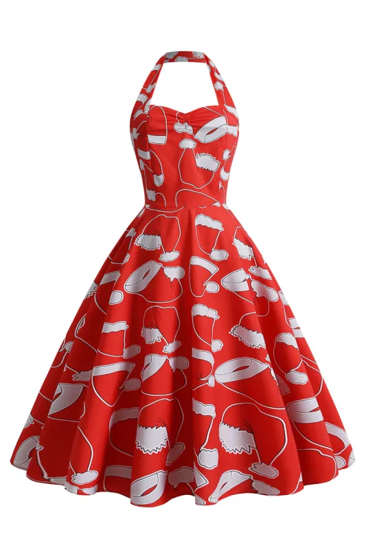 Halterneck Santa Print Red Christmas Dress sold by Zapaka