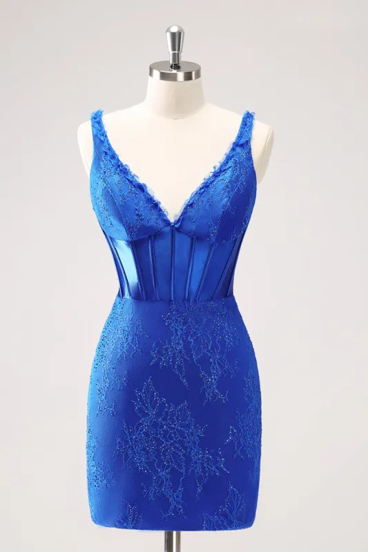 Royal Blue Bodycon V-Neck Short Homecoming Dress with Lace Up Back sold by Zapaka