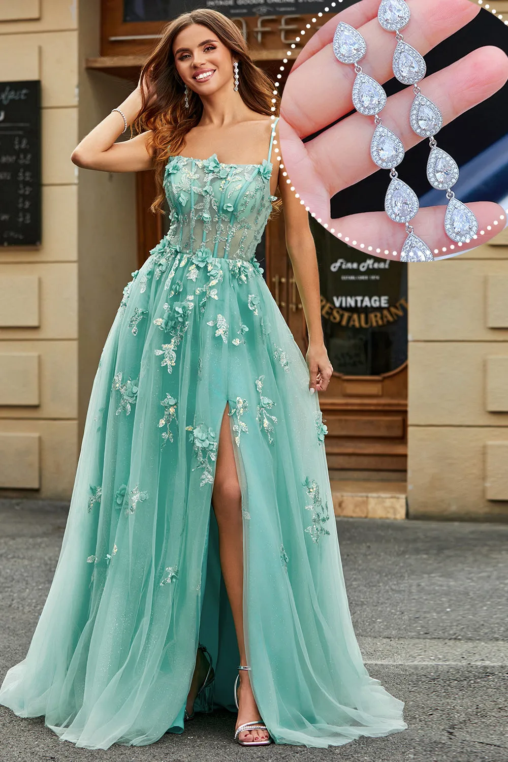 A Line Green Appliques Long Prom Dress with Accessory sold by Zapaka