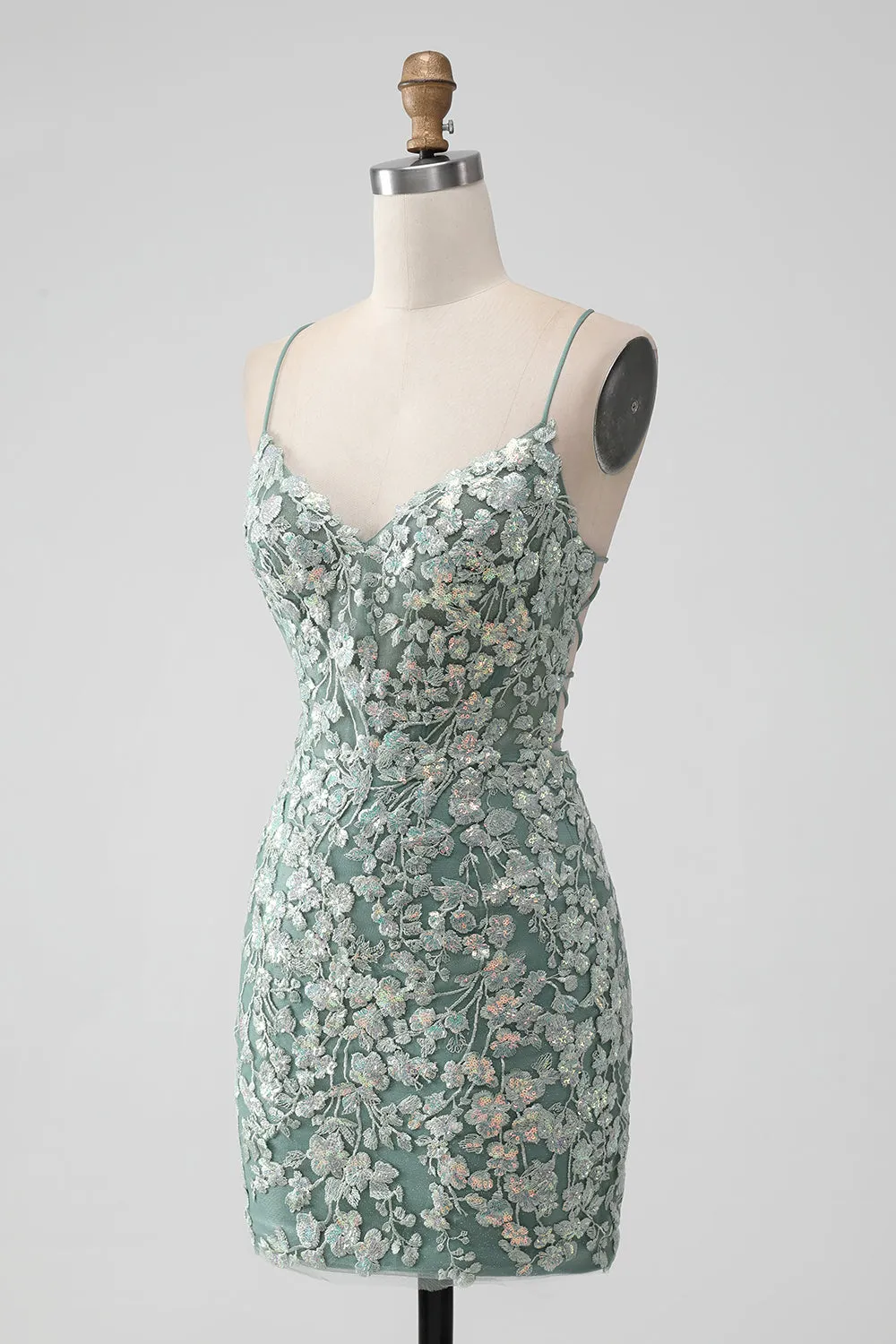 Grey Green Bodycon Lace-up Back Short Homecoming Dress with Sequin Appliqued sold by Zapaka product image thumbnail 3