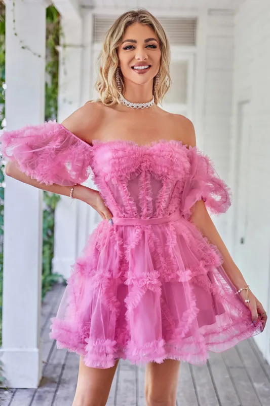 Hot Pink Off the Shoulder Tulle Homecoming Dress sold by Zapaka