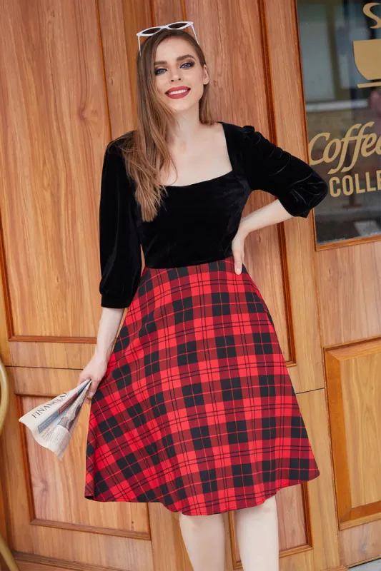 Black Velvet Splicing Plaid Vintage Dress sold by Zapaka