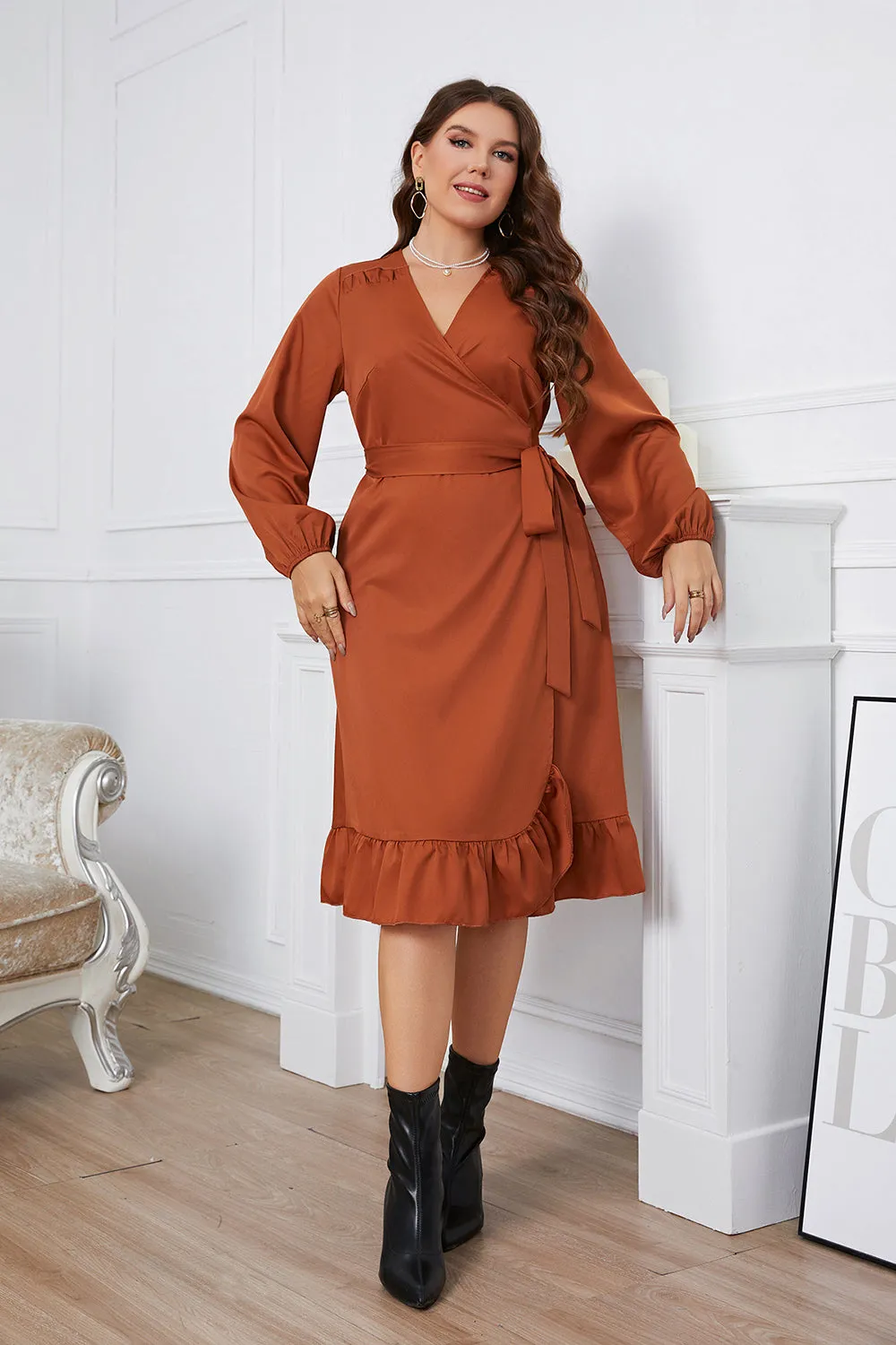 Brown Plus Size Long Sleeves Summer Dress with Ruffles sold by Zapaka product image thumbnail 4