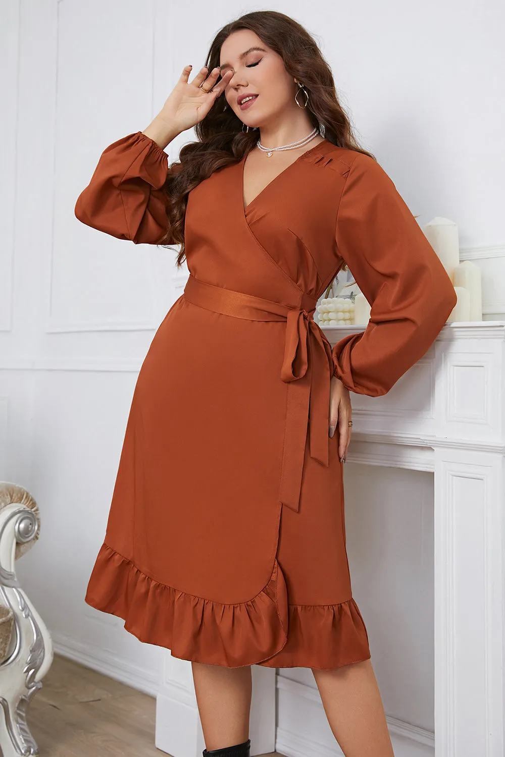 Brown Plus Size Long Sleeves Summer Dress with Ruffles sold by Zapaka