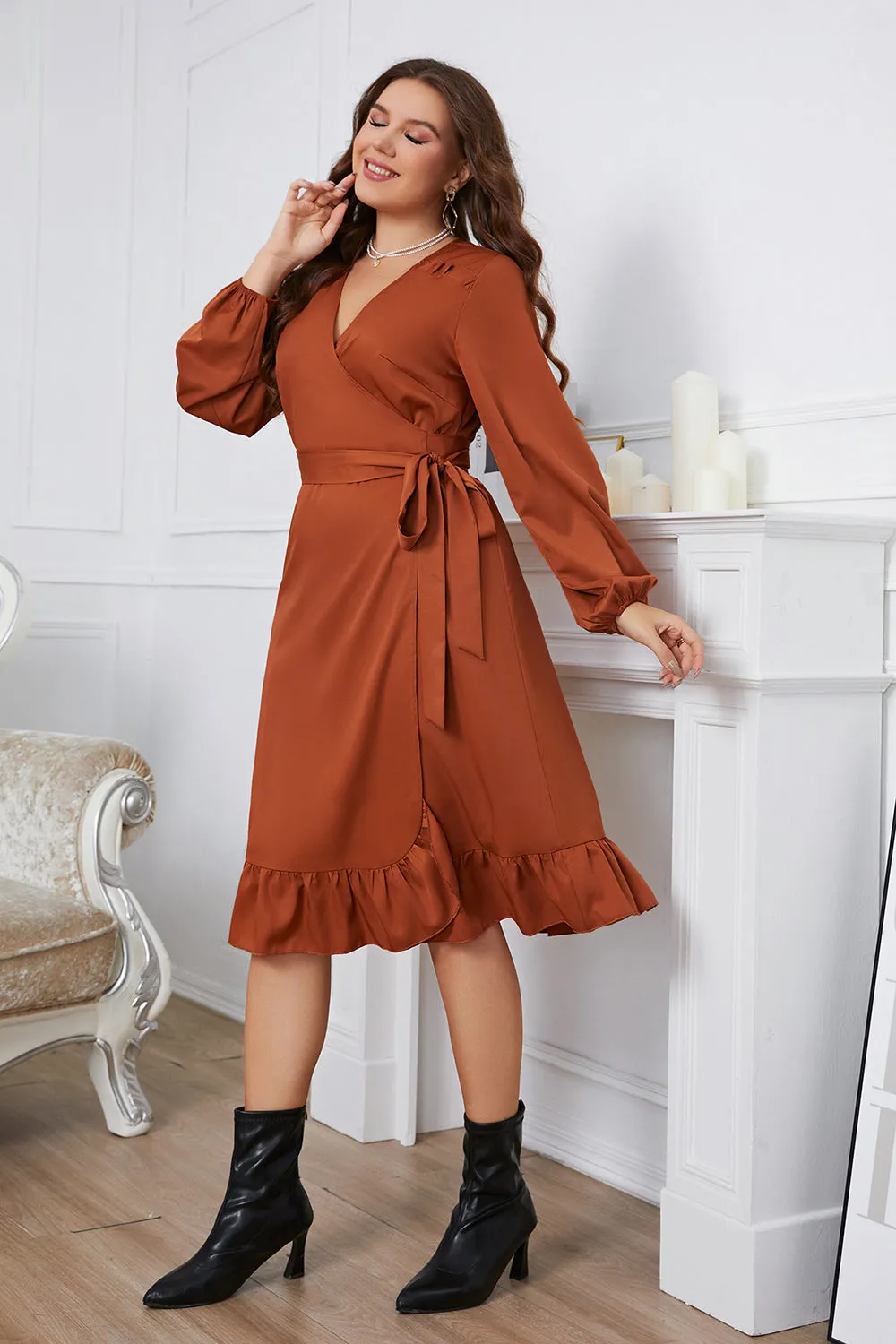 Brown Plus Size Long Sleeves Summer Dress with Ruffles sold by Zapaka product image thumbnail 5