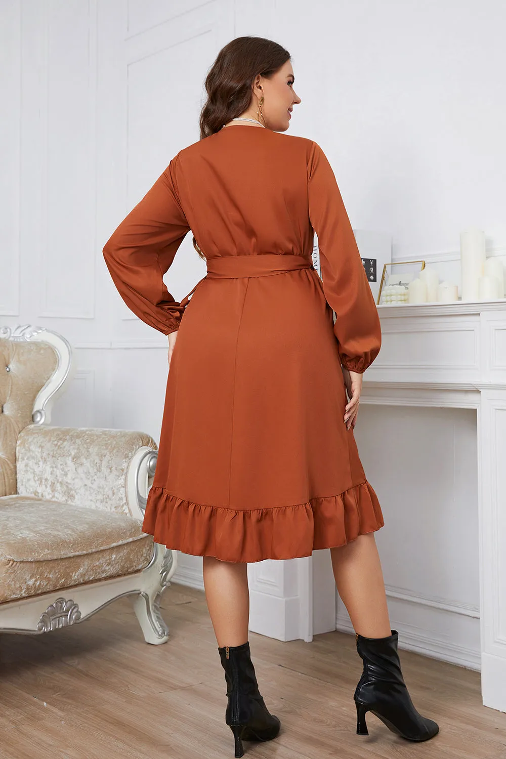 Brown Plus Size Long Sleeves Summer Dress with Ruffles sold by Zapaka product image thumbnail 2