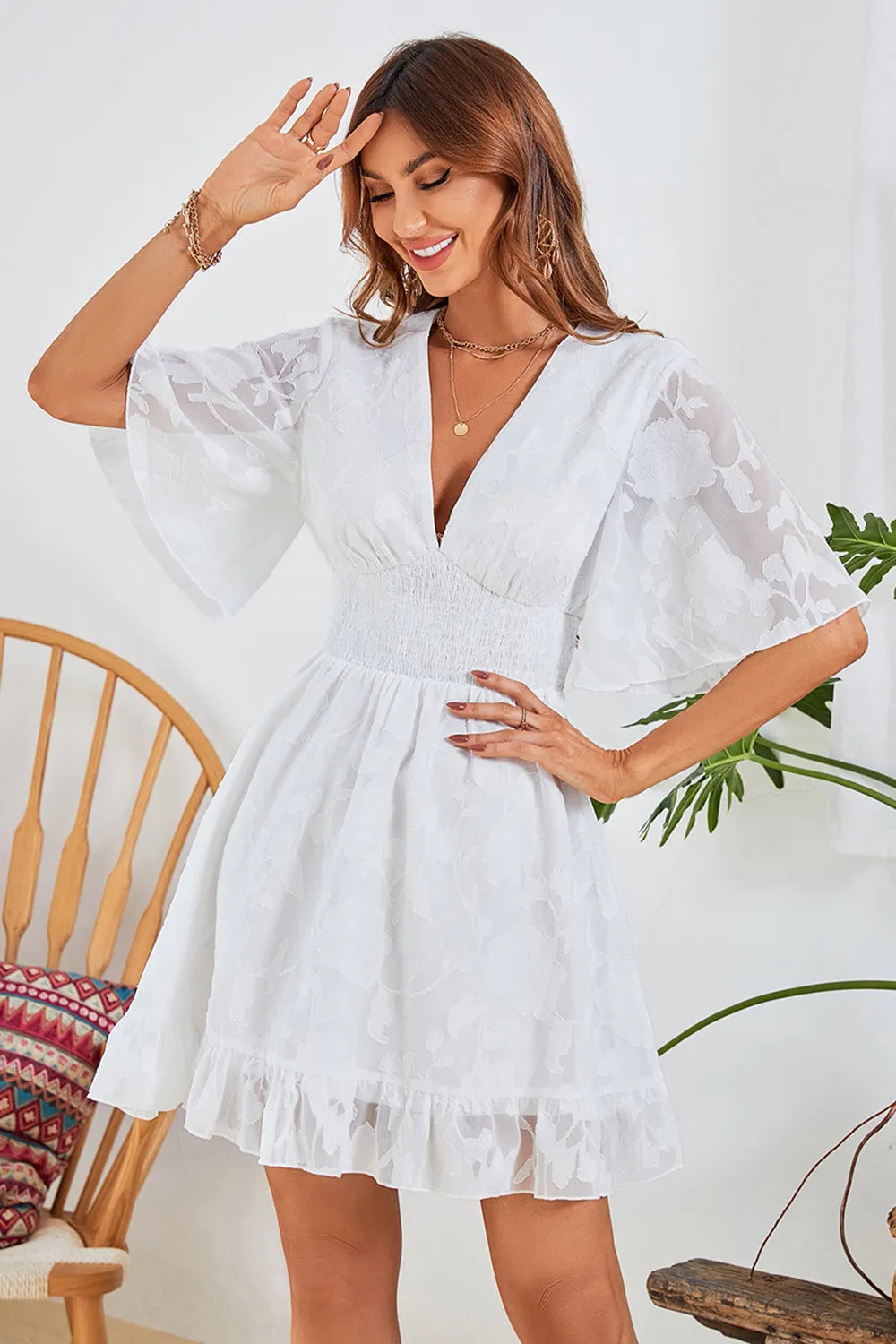 White A-Line V Neck Graduation Dress With Short Sleeves sold by Zapaka