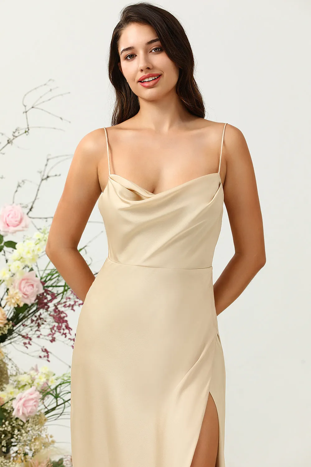 Spaghetti Straps Champagne Wedding Guest Dress with Slit sold by Zapaka product image thumbnail 4