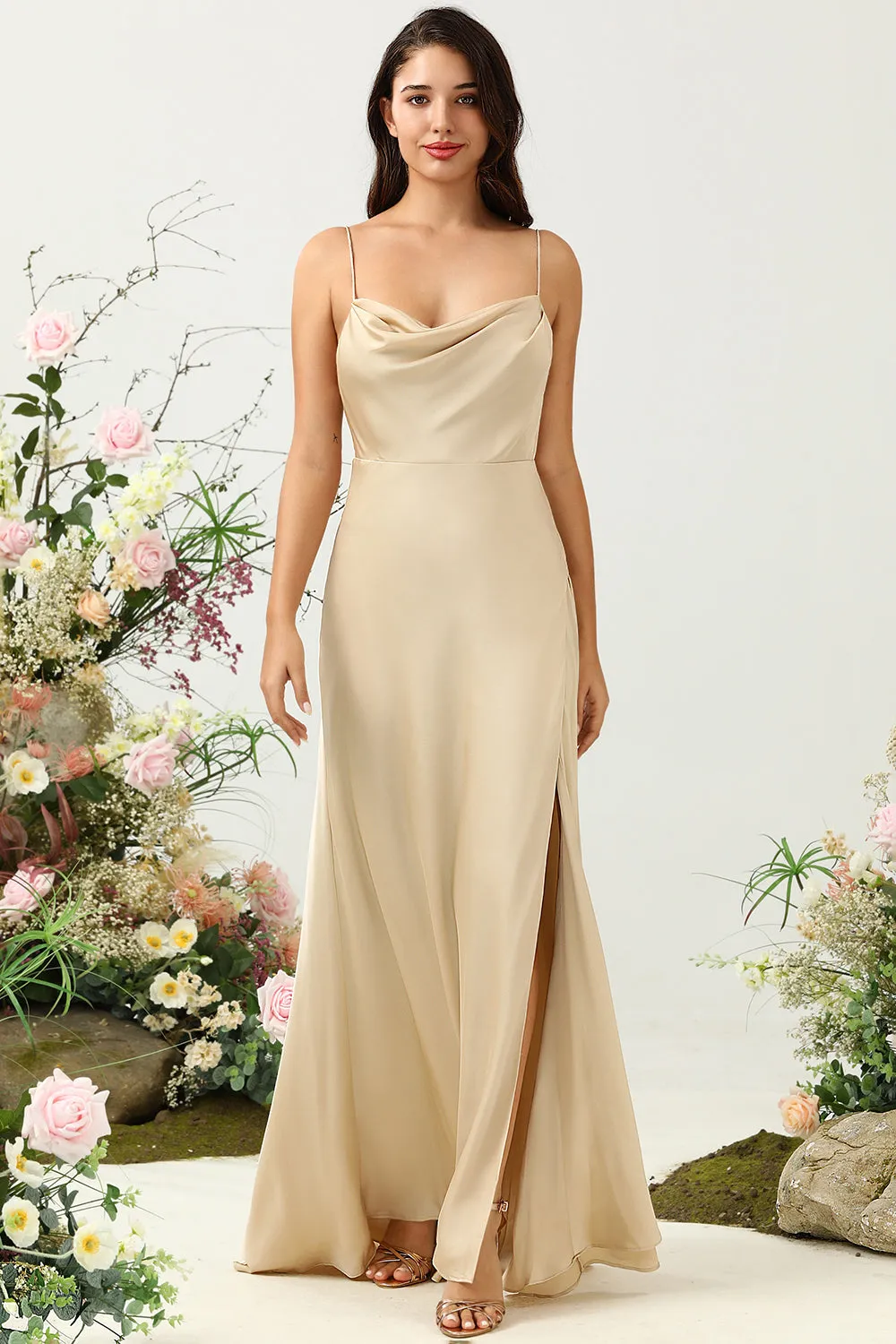 Spaghetti Straps Champagne Wedding Guest Dress with Slit sold by Zapaka