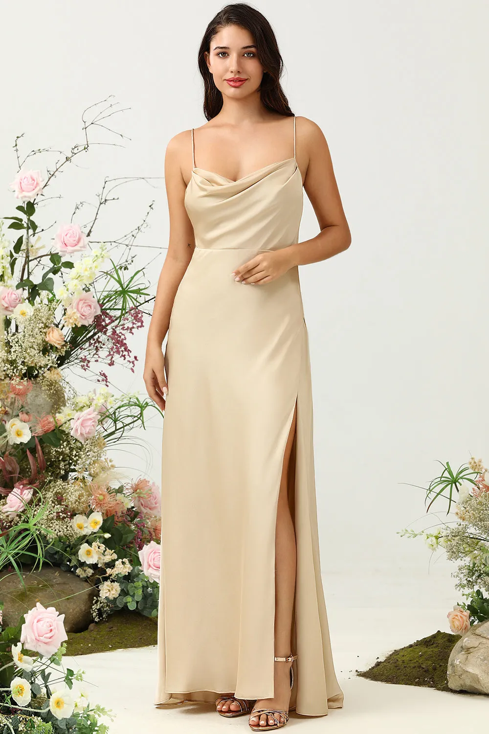 Spaghetti Straps Champagne Wedding Guest Dress with Slit sold by Zapaka product image thumbnail 5