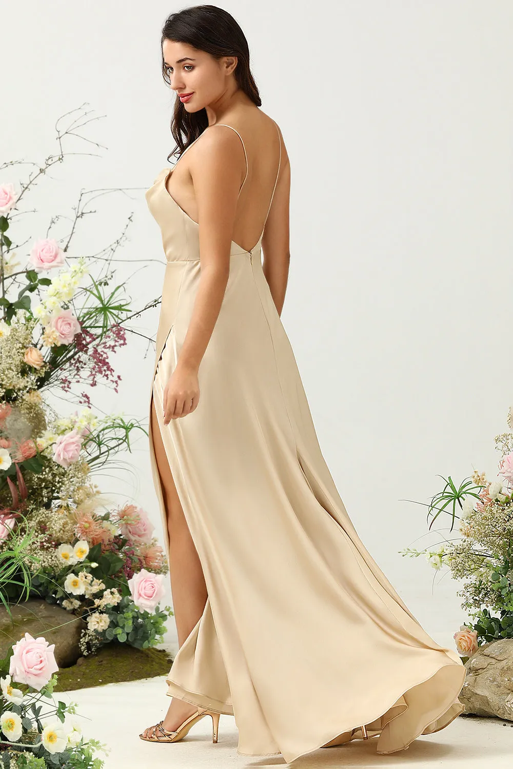 Spaghetti Straps Champagne Wedding Guest Dress with Slit sold by Zapaka product image thumbnail 2